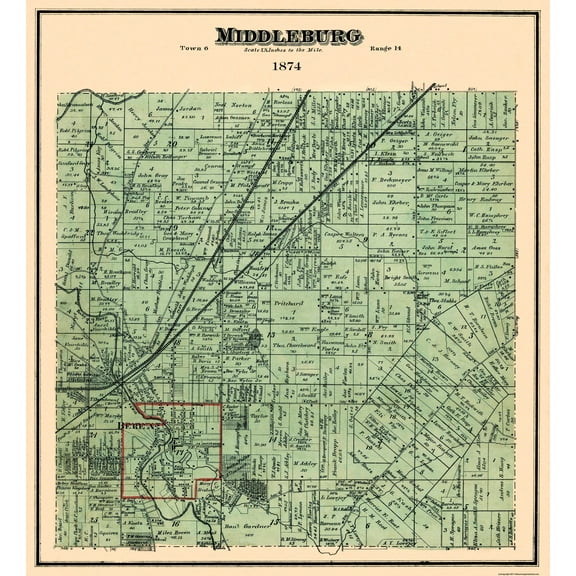 Historic City Map - Middleburg Ohio - Stewart 1874 - 23 x 25.25 - Vintage Wall Art