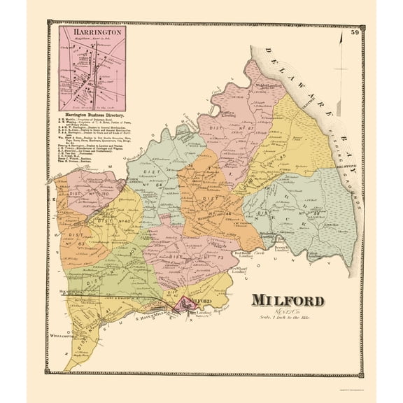 Historic City Map - Milford Delaware - Beers 1868 - Vintage Wall Art