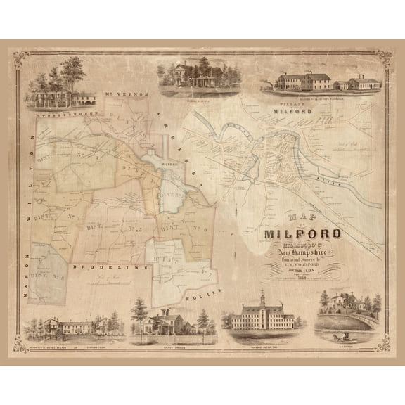 Historic City Map - Milford New Hampshire - Clark 1854 - Vintage Wall Art