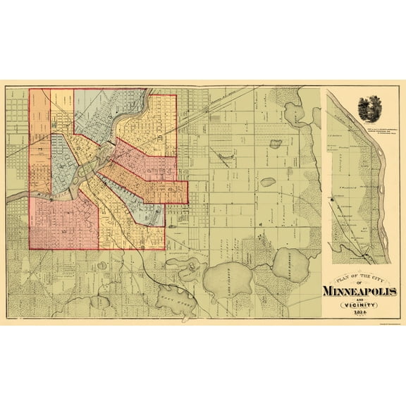 Historic City Map - Minneapolis Minnesota - Andreas 1874 - 37.94 x 23 - Vintage Wall Art