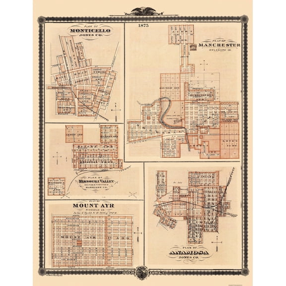 Historic City Map - Monticello Mount Ayre Anamosa Iowa - Shober 1875 - Vintage Wall Art