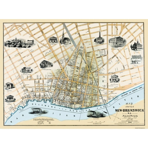 Historic City Map - New Brunswick New Jersey - Clark 1850 - Vintage Wall Art