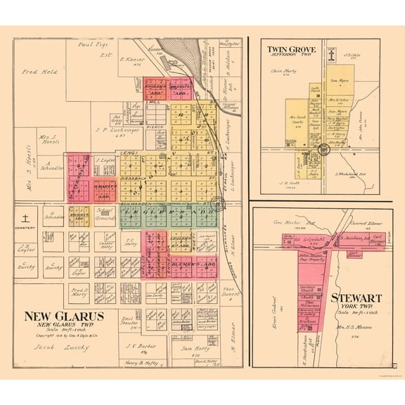 Historic City Map - New Glarus Twin Grove Stewart Wisconsin - Ogle 1918 - Vintage Wall Art