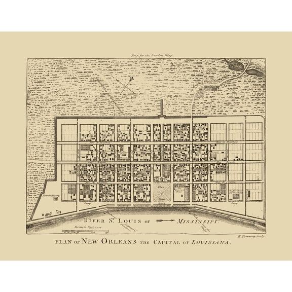 Historic City Map - New Orleans Louisiana - Benning 1761 - Vintage Wall Art
