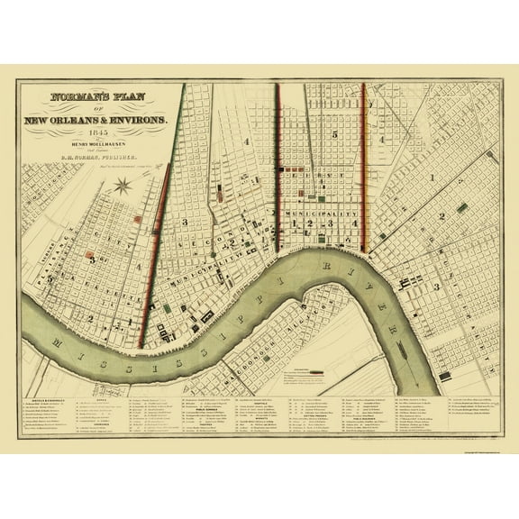 Historic City Map - New Orleans Louisiana - Norman 1845 - 30.56 x 23 - Vintage Wall Art