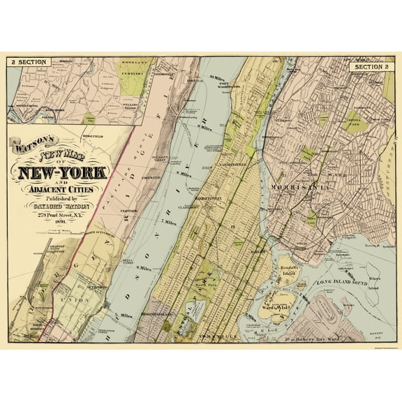 Historic City Map - New York Adjacent Cities New York - Watson 1891 - 31 x 23 - Vintage Wall Art