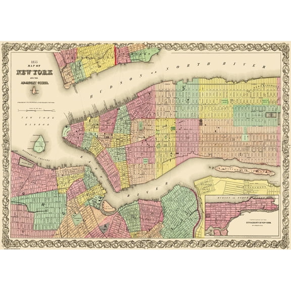 Historic City Map - New York New York - Colton 1855 - 32 x 23 - Vintage Wall Art