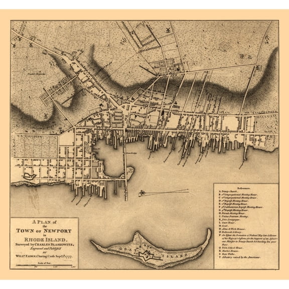 Historic City Map - Newport Rhode Island - Blaskowitz 1777 - 24.57 x 23 - Vintage Wall Art