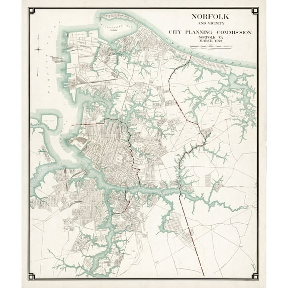 Historic City Map - Norfolk Virginia - 1921 - Vintage Wall Art
