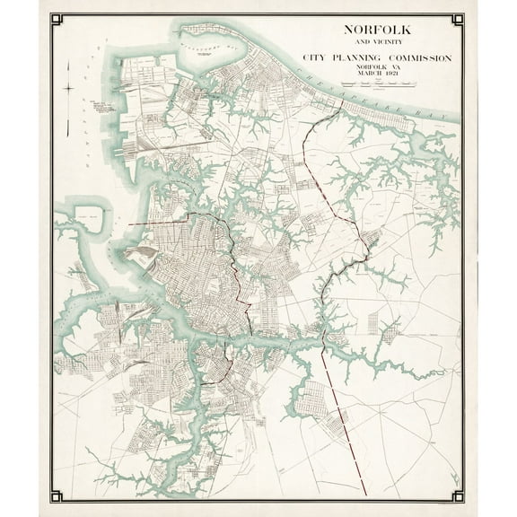 Historic City Map - Norfolk Virginia - 1921 - 23 x 27.07 - Vintage Wall Art