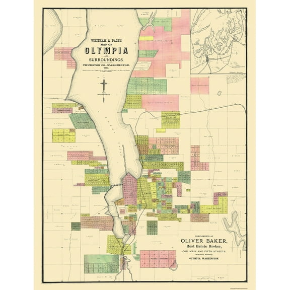 Historic City Map - Olympia Washington - Whitham 1890 - 23 x 30 - Vintage Wall Art