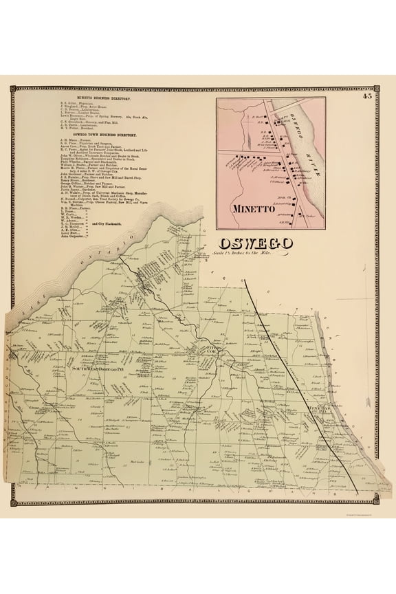 Historic City Map - Oswego Minetto New York - Stone 1866 - 23 x 25.76 - Vintage Wall Art