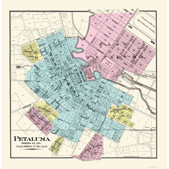Historic City Map - Petaluma California - Thompson 1877 - 23 x 23.44 - Vintage Wall Art