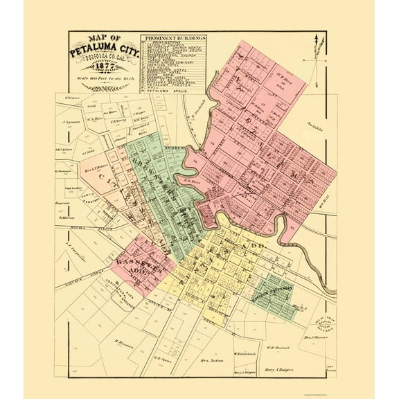 Historic City Map - Petaluma California - Thompson 1877 - Vintage Wall Art