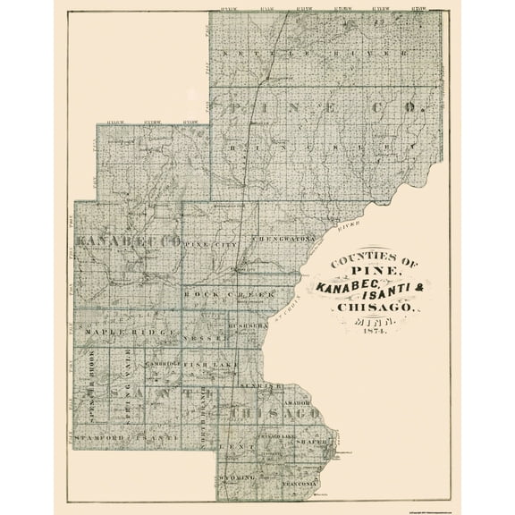 Historic City Map - Pine Kanabec Isanti Minnesota - Andreas 1874 - 23 x 29 - Vintage Wall Art