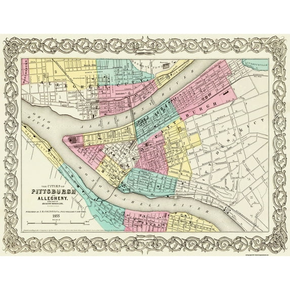 Historic City Map - Pittsburg Pennsylvania - Colton 1855 - Vintage Wall Art