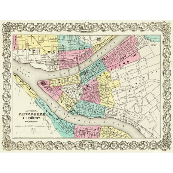 Historic City Map - Pittsburg Pennsylvania - Colton 1855 - 30 x 23 - Vintage Wall Art