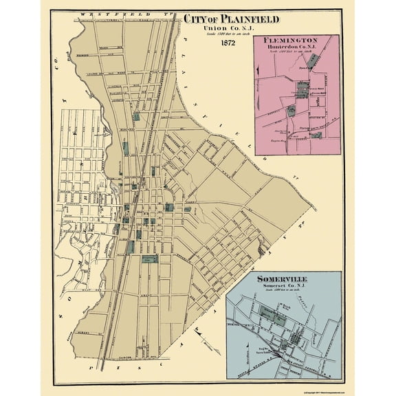 Historic City Map - Plainfield Flemington Somerville New Jersey - Beers 1872 - Vintage Wall Art