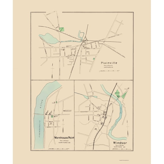 Historic City Map - Plainville Warehouse Point Windsor Connecticut - Hurd 1893 - 23 x 27 - Vintage Wall Art