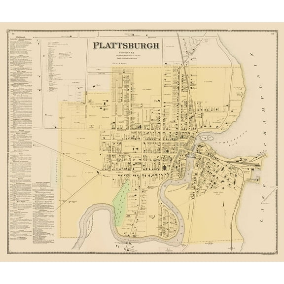 Historic City Map - Plattsburgh New York - Beers 1869 - 23 x 27.24 - Vintage Wall Art