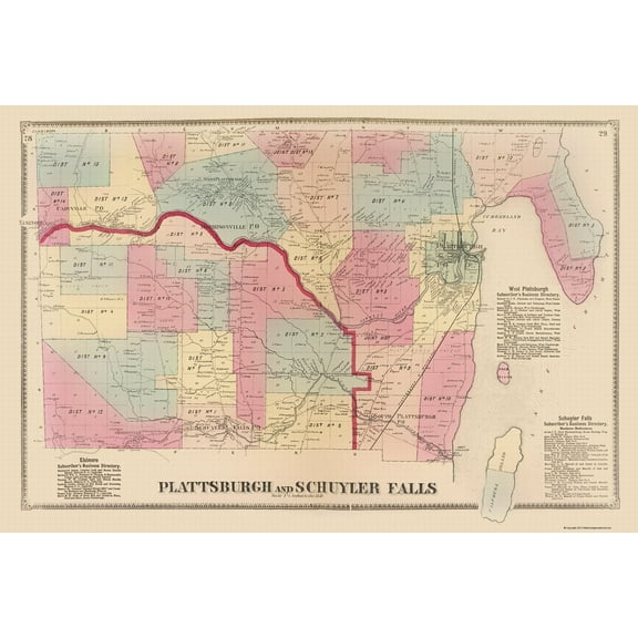 Historic City Map - Plattsburgh Schuyler Falls New York - Beers 1869 - 23 x 34.29 - Vintage Wall Art