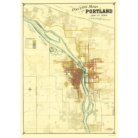 Historic City Map - Portland Oregon Paving - Schmidt 1894 - Vintage Wall Art