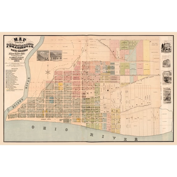 Historic City Map - Portsmouth Ohio -Evans 1868 - 35.98 x 23 - Vintage Wall Art