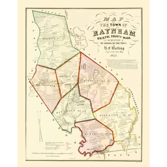 Historic City Map - Raynham Massachusetts - Walling 1855 - Vintage Wall Art