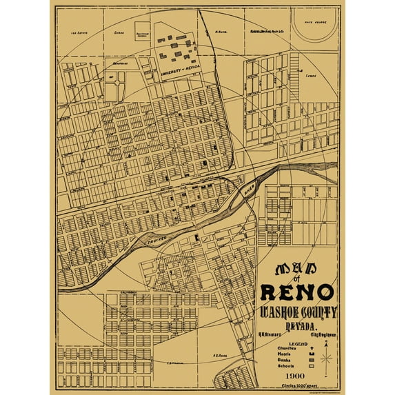 Historic City Map - Reno Nevada - Stewart 1900 - Vintage Wall Art