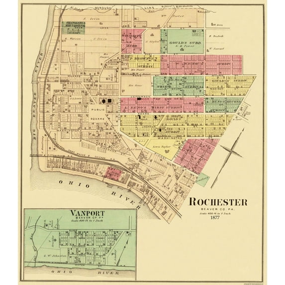 Historic City Map - Rochester Vanport Pennsylvania - Hayes 1877 - 23 x 26.31 - Vintage Wall Art