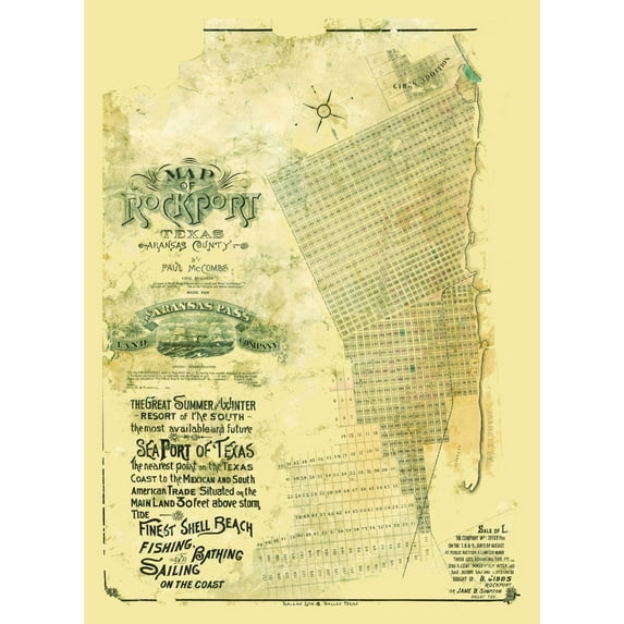Historic City Map - Rockport Texas - McCombs 1888 - 23 x 31.48 - Vintage Wall Art