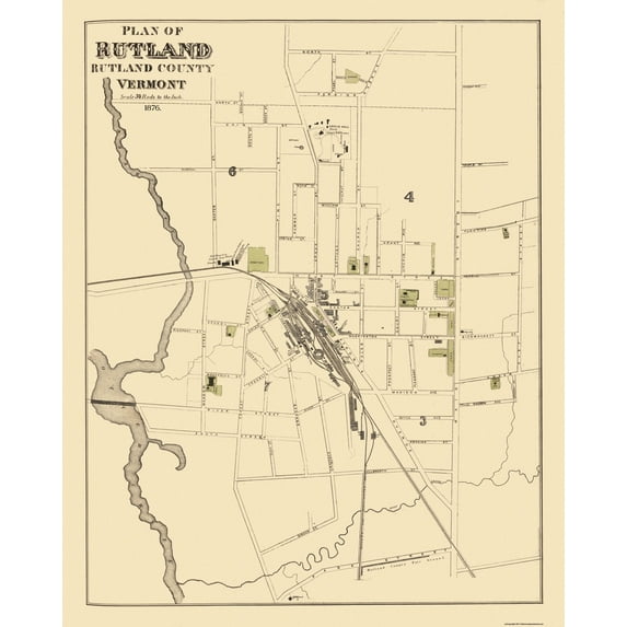 Historic City Map - Rutland Vermont - Beers 1876 - Vintage Wall Art