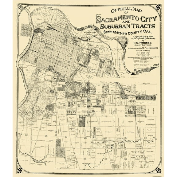 Historic City Map - Sacramento California - Anderson 1908 - 23 x 26.81 - Vintage Wall Art