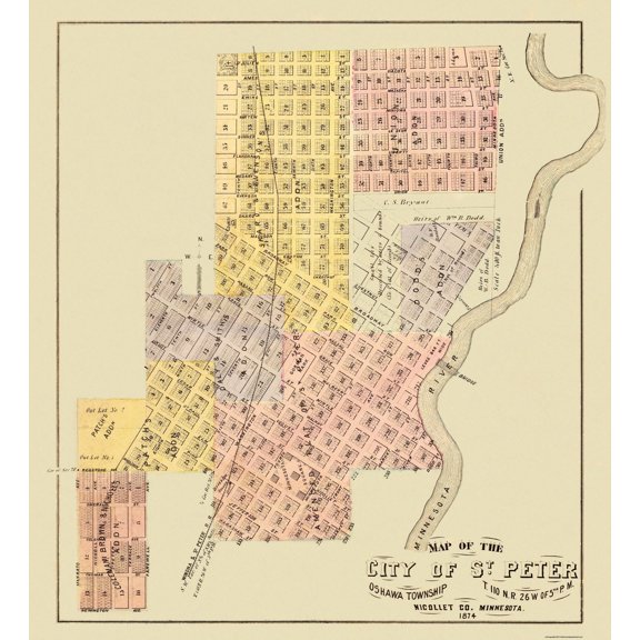 Historic City Map - Saint Peter Minnesota - Andreas 1874 - 23 x 25.25 - Vintage Wall Art