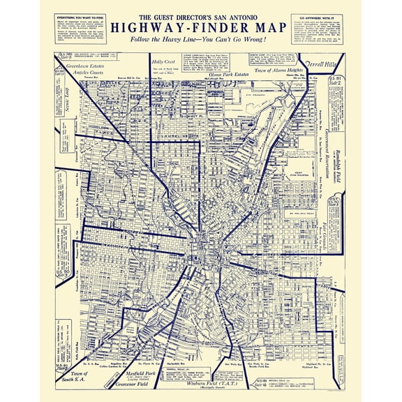 Historic City Map - San Antonio Texas Highway Finder - 1929 - 23 x 28.73 - Vintage Wall Art
