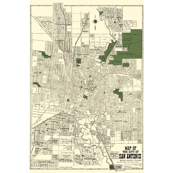 Historic City Map - San Antonio Texas - Tengg 1915 - Vintage Wall Art