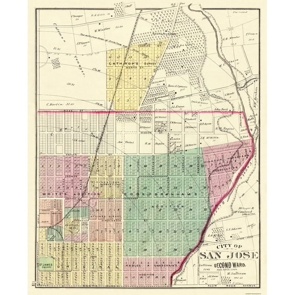 Historic City Map - San Jose 2ndWard California - Thompson 1878 - Vintage Wall Art