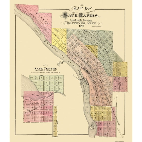 Historic City Map - Sauk Rapids Minnesota - Andreas 1876 - 23 x 26.56 - Vintage Wall Art
