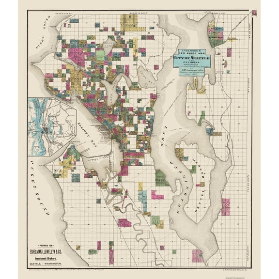 Historic City Map - Seattle Washington - Anderson 1890 - 23 x 26.44 - Vintage Wall Art