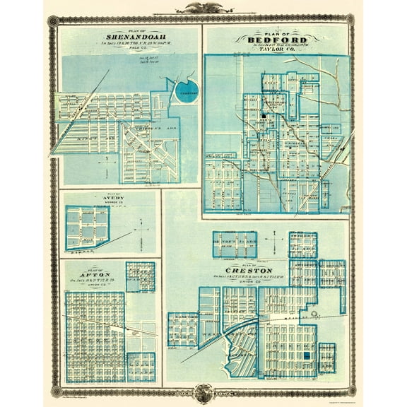 Historic City Map - Shenandoah Bedford Avery Afton Creston Iowa - Andreas 1874 - 23 x 29.25 - Vintage Wall Art