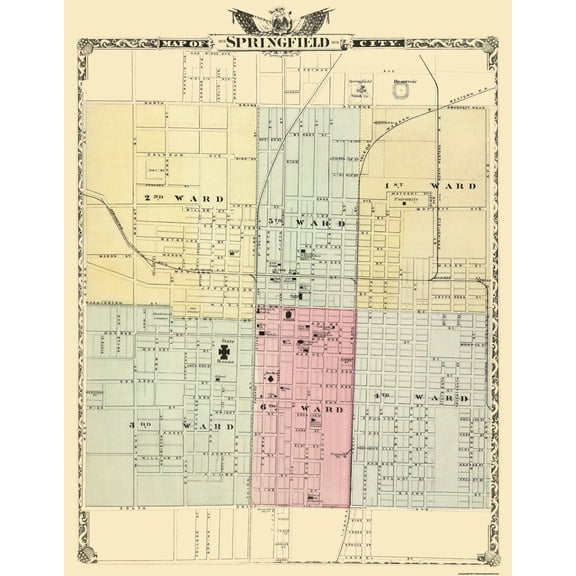 Historic City Map - Springfield Illinois - Warner 1876 - Vintage Wall Art