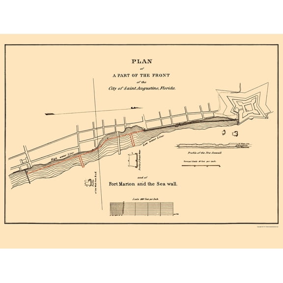 Historic City Map - St Augustine Fort Marion Sea Wall Florida - Duney 1835 - Vintage Wall Art