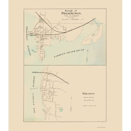 Historic City Map - Stonington Groton Connecticut - Hurd 1893 - Vintage Wall Art