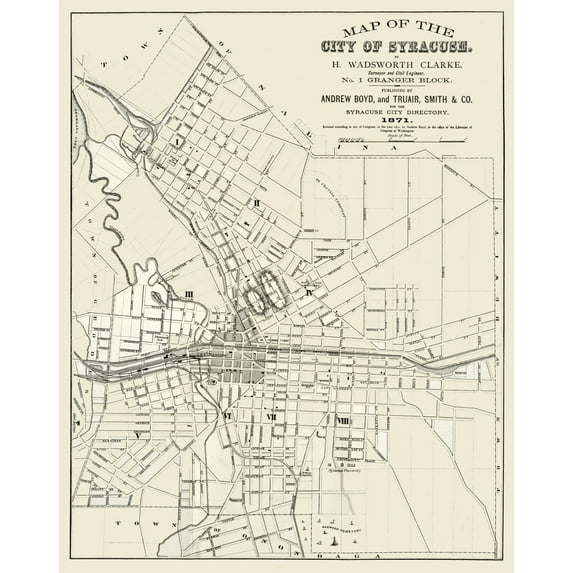 Historic City Map - Syracuse New York - Clarke 1871 - 23 x 28.95 - Vintage Wall Art