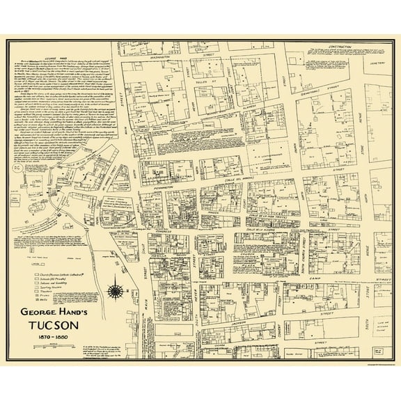 Historic City Map - Tucson Arizona - Hand 1870 - Vintage Wall Art