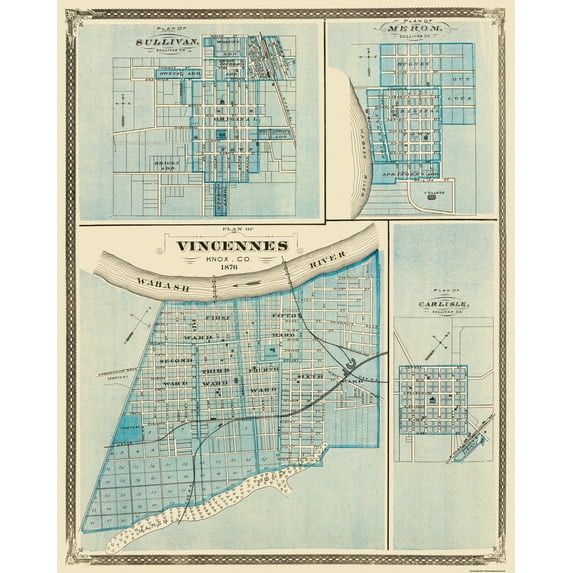 Historic City Map - Vincennes Sullivan Merom Carlisle Indiana - Baskin 1876 - 23 x 28 - Vintage Wall Art