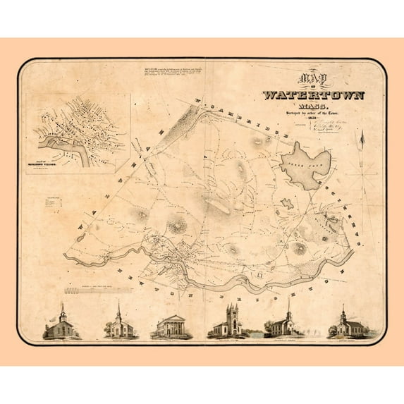 Historic City Map - Watertown Massachusetts - Whiting 1850 - 28.27 x 23 - Vintage Wall Art