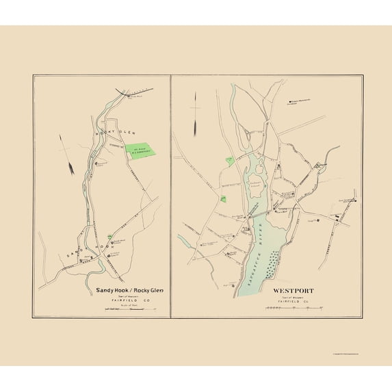 Historic City Map - Westport Sandy Hook Rocky Glen Connecticut - Hurd 1893 - Vintage Wall Art