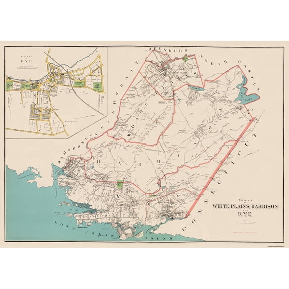 Historic City Map - White Plains Harrison Rye New York - Bien 1893 - Vintage Wall Art