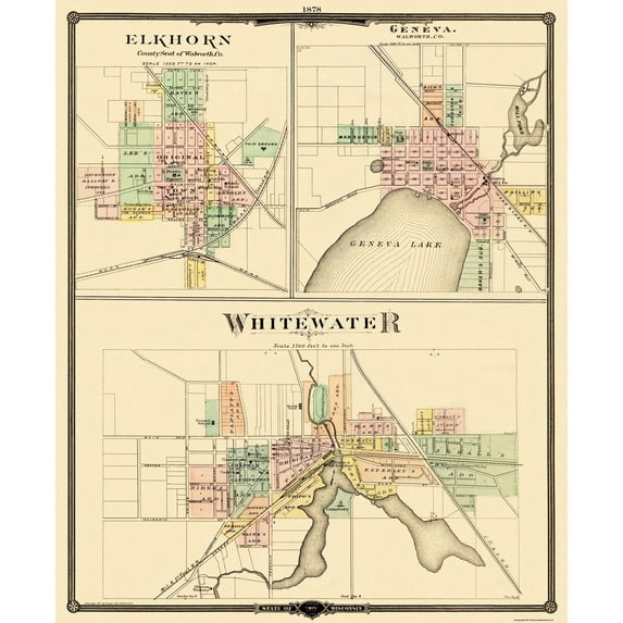 Historic City Map - Whitewater Elkhorn Geneva Wisconsin - Snyder 1878 - 23 x 28 - Vintage Wall Art